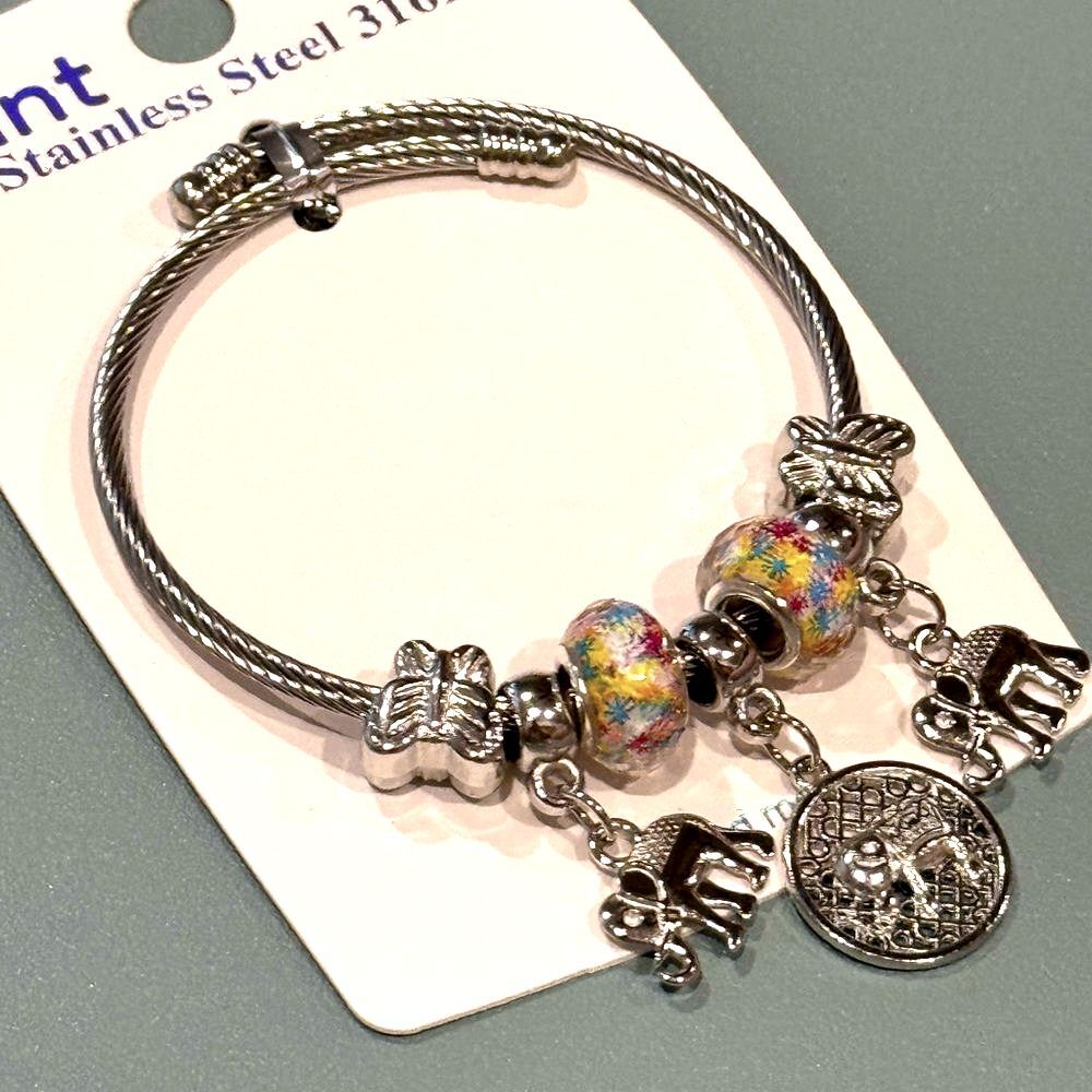 Elegant Stainless Steel Bracelet with Colorful Beads and Elephant Charms